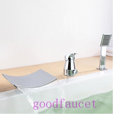Modern Polish Chrome Bathroom Waterfall Bath Tub Faucet With Hand Sprayer Deck Mounted Mixer
