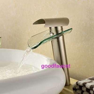 NEW 10"Tall Waterfall Bathroom Basin Mixer Tap Brushed Nickel Glass Sink Faucet Hot and Cold Water Tap