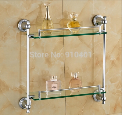 Wholesale & Retail Promotion Wall Mounted Chrome Brass Bathroom Shelf Dual Tiers Glass Shelf Caddy Storage [Storage Holders & Racks-4498|]