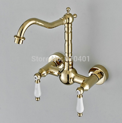 Wholesale And Rerail Promotion Golden Brass Wall Mounted Kitchen Faucet Swivel Spout Sink Mixer Tap Dual Handle [Golden Faucet-2774|]