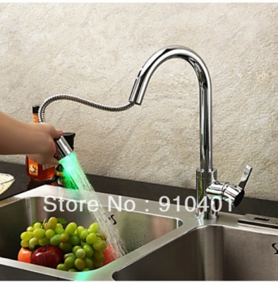 Wholesale And Retail Promotion LED Color Changing Pull Out Brass Kitchen Faucet Single Handle Sink Mixer Tap
