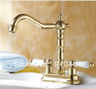 Wholesale And Retail Promotion Deck Mounted Polished Golden Finish Solid Brass Basin Faucet Dual Ceramic Hanlde