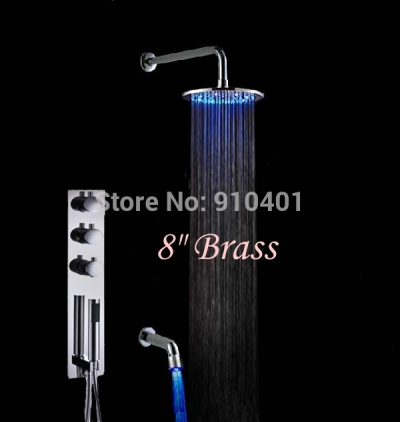 Wholesale And Retail Promotion LED Color Changing Thermostatic 8" Round Rain Shower Faucet Tub Mixer Tap Chrome