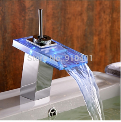 Wholesale And Retail Promotion LED Glass Waterfall Basin Faucet Single Handle Vanity Sink Mixer Tap Deck Mount [LED Faucet-3219|]