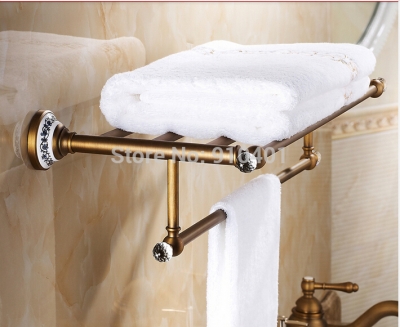 Wholesale And Retail Promotion Modern Antique Brass Bathroom Shelf Towel Rack Holder Towel Bar Crystal Hangers