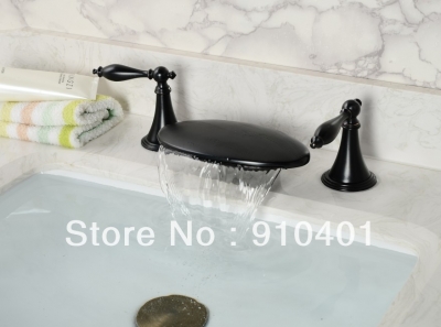 Wholesale And Retail Promotion NEW Deck Mounted Oil Rubbed Bronze Waterfall Bathroom Basin Faucet Dual Handles [Oil Rubbed Bronze Faucet-3649|]