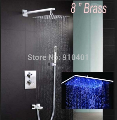 Wholesale And Retail Promotion Thermostatic LED 8" Brass Rain Shower Faucet Set Hand Shower Mixer Tub Mixer Tap [LED Shower-3496|]