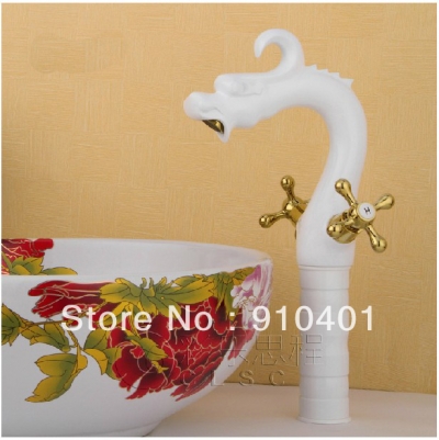 Wholesale And Retail Promotion White Painting Solid Brass Bathroom Dragon Faucet Dual Handles Vanity Mixer Tap