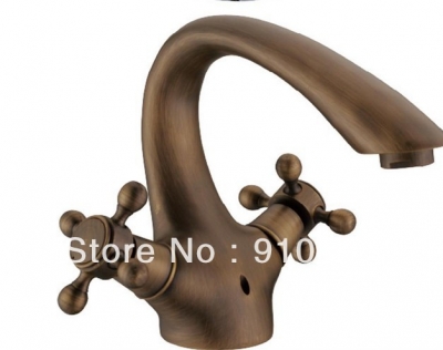 Wholesale and Retail Promotion Antique Brass Deck Mounted Bathroom Basin Faucet Dual Cross Handles Sink M2ixer