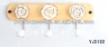 new design wood three hooks with colored ceramic flowers and knobs ball coat rack clothes hanger towel hook wholesale YJ3102