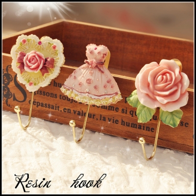 Fashion rural natural resin coat hooks clothes hanging hook rose love heart shape single hook 3 PCS/lot