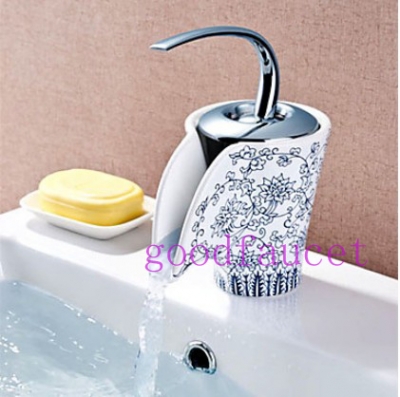 Luxury Waterfall Blue and White Porcelain Ceramic Basin Faucet Bathroom Vanity Sink Mixer Tap Single Brass Lever