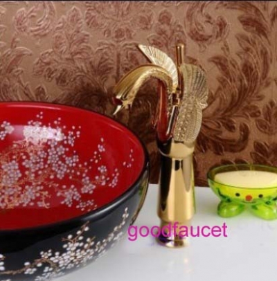NEW 13" Tall Bathroom swan shape single lever basin faucet tall sink brass mixer tap golden finish countertop tap