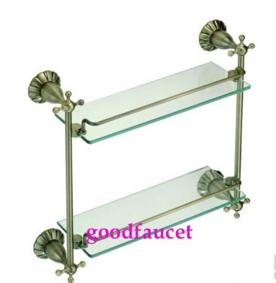 Wholesale And Retail Luxury Antique Bronze Wall mounted Shower Caddy Cosmetic Glass Shelf Dual Tier + Brass Base