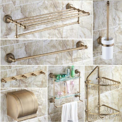 Wholesale And Retail Promotion Antique Brass Bath Accessory Sets Bath Shelf Towel Rack Bar Paper Holder Hooks [Bath Accessories-596|]