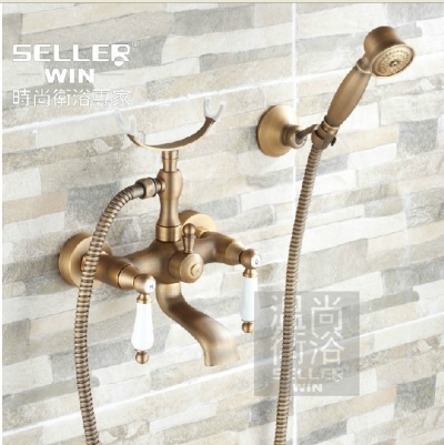 Wholesale And Retail Promotion Antique Brass Bathroom Tub Faucet Shower Mixer Tap Dual Cross Handles Wall Mount [Wall Mounted Faucet-5157|]