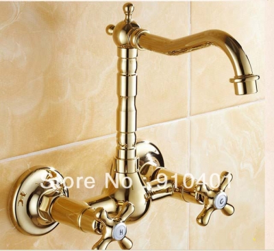 Wholesale And Retail Promotion Golden Brass Wall Mounted Bath Basin Sink Faucet Kitchen Mixer Tap Dual Handles
