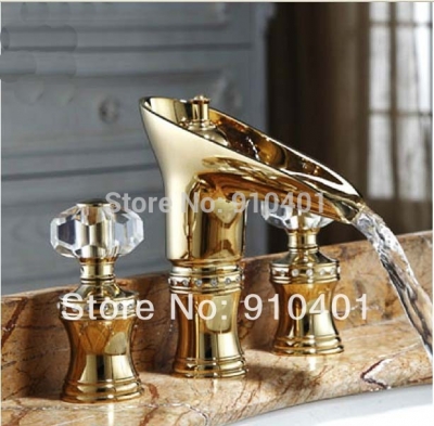 Wholesale And Retail Promotion Modern Luxury Golden Brass Waterfall Bathroom Faucet Dual Handles Sink Mixer Tap