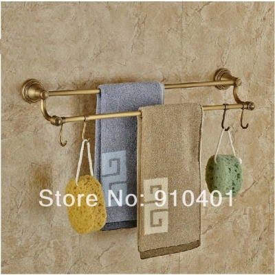 Wholesale And Retail Promotion NEW Antique Brass Wall Mounted Towel Rack Holder Dual Towel Bars W/ Hook Hangers