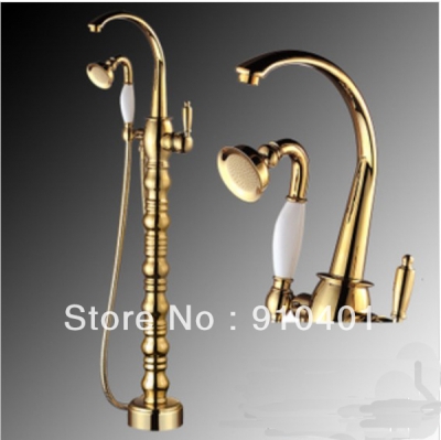 Wholesale And Retail Promotion NEW Golden Floor Mounted Free Standing Bathroom Tub Faucet With Handheld Shower