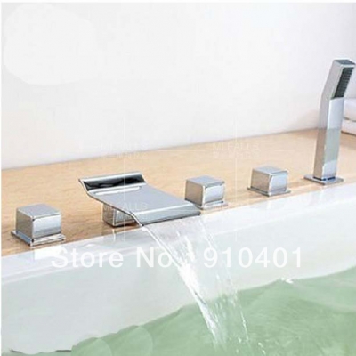 Wholesale And Retail Promotion NEW Modern Square Chrome Bathroom Tub Faucet Waterfall Mixer Tap W/ Hand Shower [5 PCS Tub Faucet-115|]