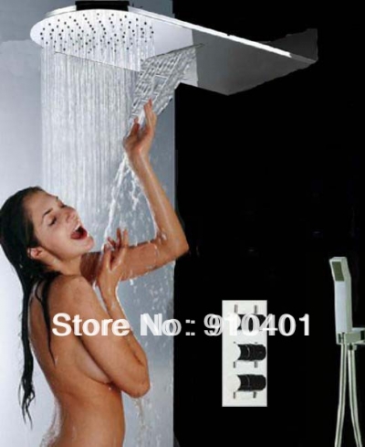 Wholesale And Retail Promotion NEW Waterfall Rain Shower Faucet Set Thermostatic Shower Valve With Hand Shower [Chrome Shower-2384|]