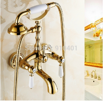 Wholesale And Retail Promotion Wall Mounted Golden Brass Tub Mixer Tap With Hand Shower Swivel Spout Faucet Tap
