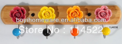 new design wood four hooks with colored ceramic flowers and knobs ball coat rack clothes hanger towel hook wholesale YJ4036 [Hooks-283|]