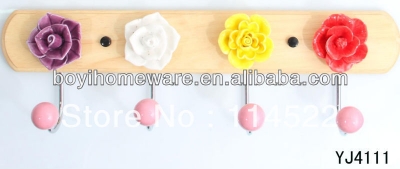 new design wood four hooks with colored ceramic flowers and knobs ball coat rack clothes hanger towel hook wholesale YJ4111