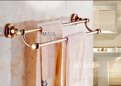 Wholesale And Retail Promotion Bathroom Rose Golden Brass Towel Rack Holder Dual Towel Hangers Crystal Hooks [Towel bar ring shelf-4902|]