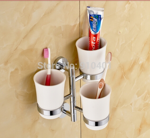 Wholesale And Retail Promotion Chrome Brass Swivel Bathroom Toothbrush Holder Dual Ceramic Cups Wall Mounted