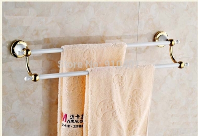 Wholesale And Retail Promotion Golden Brass White Painting Towel Rack Holder Dual Towel Bars Hangers W/ Hooks