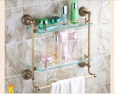 Wholesale And Retail Promotion NEW Antique Brass Bathroom Shelf Dual Glass Tiers W/ Towel Bar Cosmetic Storage [Storage Holders & Racks-4385|]