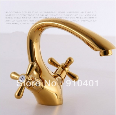 Wholesale And Retail Promotion NEW Roman Style Bathroom Golden Faucet Dual Cross Handles Vanity Sink Mixer Tap
