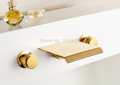 Wholesale And Retail Promotion Wall Mounted Golden Brass Square Waterfall Bathroom Basin Faucet Dual Handle Tap