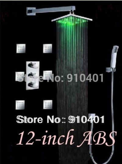 Wholesale And Retail Promotion Wall Mounted LED Color Thermostatic 12" Rain Shower Faucet W/Body Jets Mixer Tap [LED Shower-3289|]