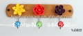new design wood three hooks with colored ceramic flowers and knobs ball coat rack clothes hanger towel hook wholesale YJ3022
