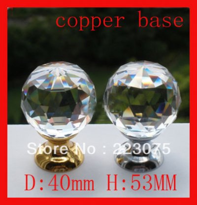 -10pcs 40mm K9 Crystal Glass+ copper base Pull Handle Cabinet Drawer Door Knobs golden&silver color