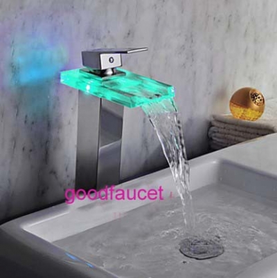 NEW 13" Tall Waterfall LED Faucet Color Changing Basin Mixer Tap Brass Spout Single Handle Hot And Cold Tap Chrome [LED Faucet-3246|]