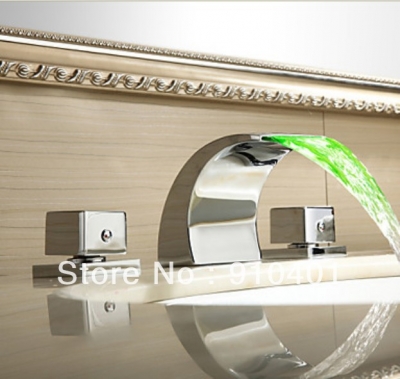 NEW Wholesale / retail Promotion LED Color Changing Waterfall Bathroom Basin Faucet Dual Handles Sink Mixer Tap