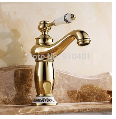 Wholesale And Retail Promotion Ceramic Style Golden Brass Bathroom Basin Faucet Single Handle Sink Mixer Tap [Golden Faucet-2884|]