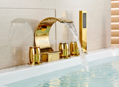 Wholesale And Retail Promotion Deck Mounted Golden Brass Waterfall Bathroom Tub Mixer Tap Faucet Hand Shower