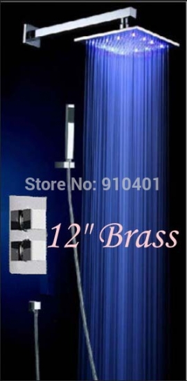 Wholesale And Retail Promotion LED Color Changing Square 12" Rain Shower Faucet Thermostatic Vavle Mixer Tap [LED Shower-3488|]