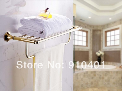 Wholesale And Retail Promotion Luxury Golden Brass Bathroom Shelf Towel Rack Towel Bar Holder W/ Hooks Hangers [Towel bar ring shelf-5044|]