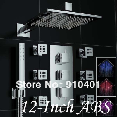 Wholesale And Retail Promotion NEW Chrome LED Thermostatic 12" Square Shower Head Shower Faucet W/ Jets Sprayer