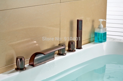 Wholesale And Retail Promotion NEW Oil Rubbed Bronze Waterfall Bathroom Tub Faucet Roman Spout With Hand Shower [5 PCS Tub Faucet-130|]