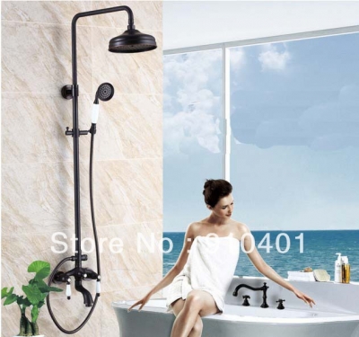 Wholesale And Retail Promotion Oil Rubbed Bronze 8" Round Rain Shower Faucet Set + Tub Mixer Tap + Hand Shower