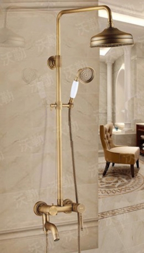 8" Head Antique Brass Shower Faucet Bathtub Mixer Tap Hand Sprayer Shower Wall Mounted European Style Cheap With Slid Bar