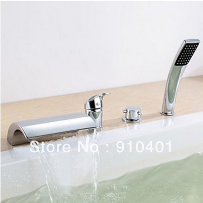 Cheap Two Handles New Cheap Wholesale Retail Deck Mounted Waterfall Bathroom Tub Faucet W/Hand Shower Mixer Tap Good Quality [3 PCS Tub Faucet-34|]