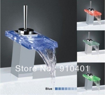 Contemporary Glass Waterfall LED light Basin Faucet Bathroom Sink Mixer Chrome Finish Color Changing TAP RGB 54541 [LED Faucet-3236|]